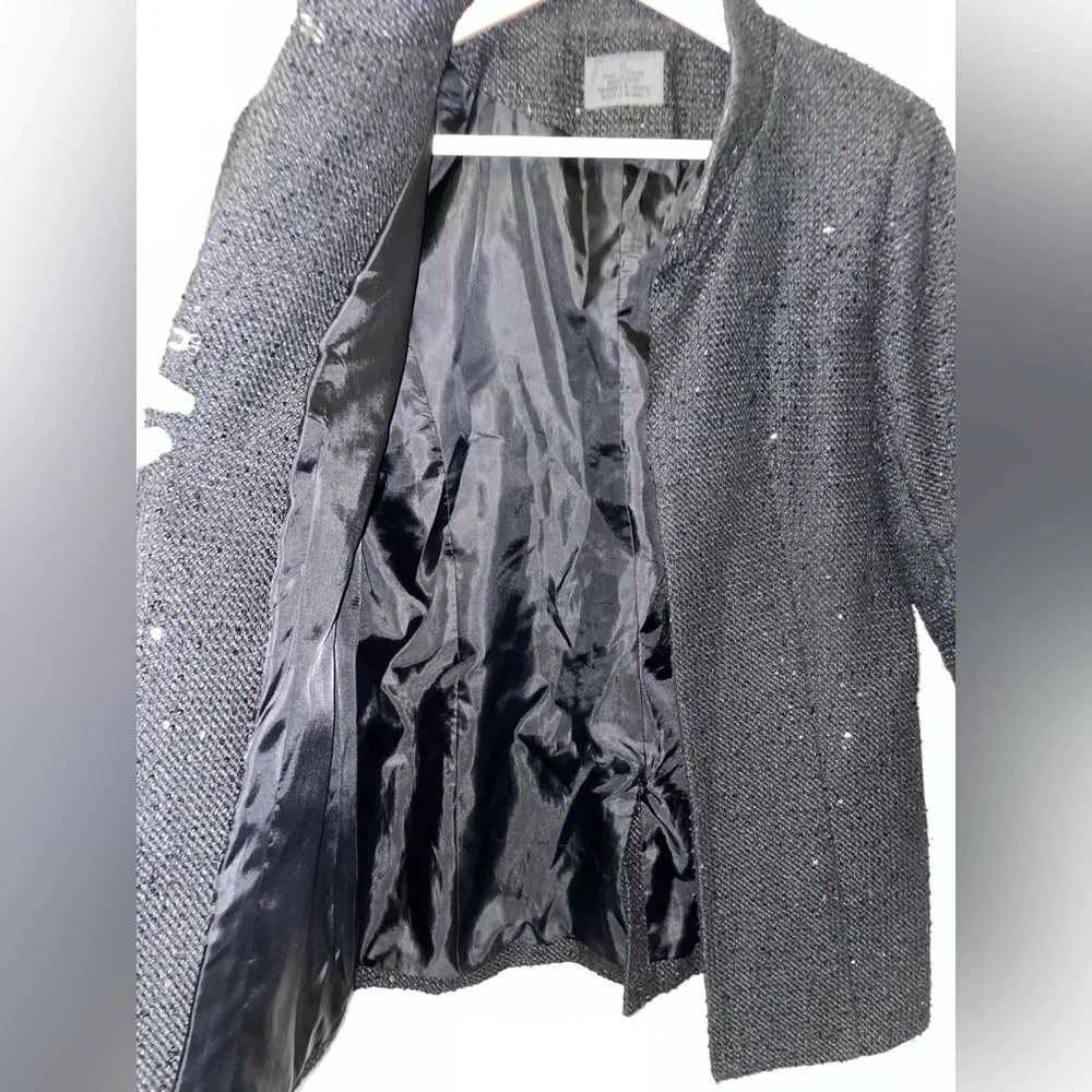CHANEL Black Sequence Tweed 3/4 Sleeve Blazer Fit Size Small